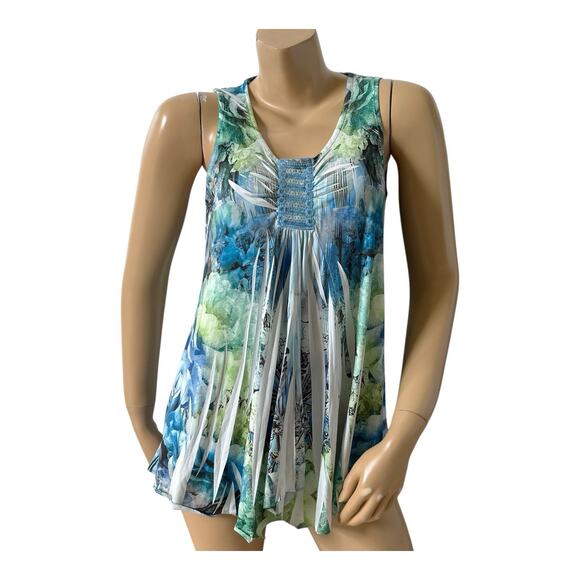 ONE WORLD Womens Size Medium Sleeveless Embellished Sublimated Tank Top Shirt - Picture 1 of 7